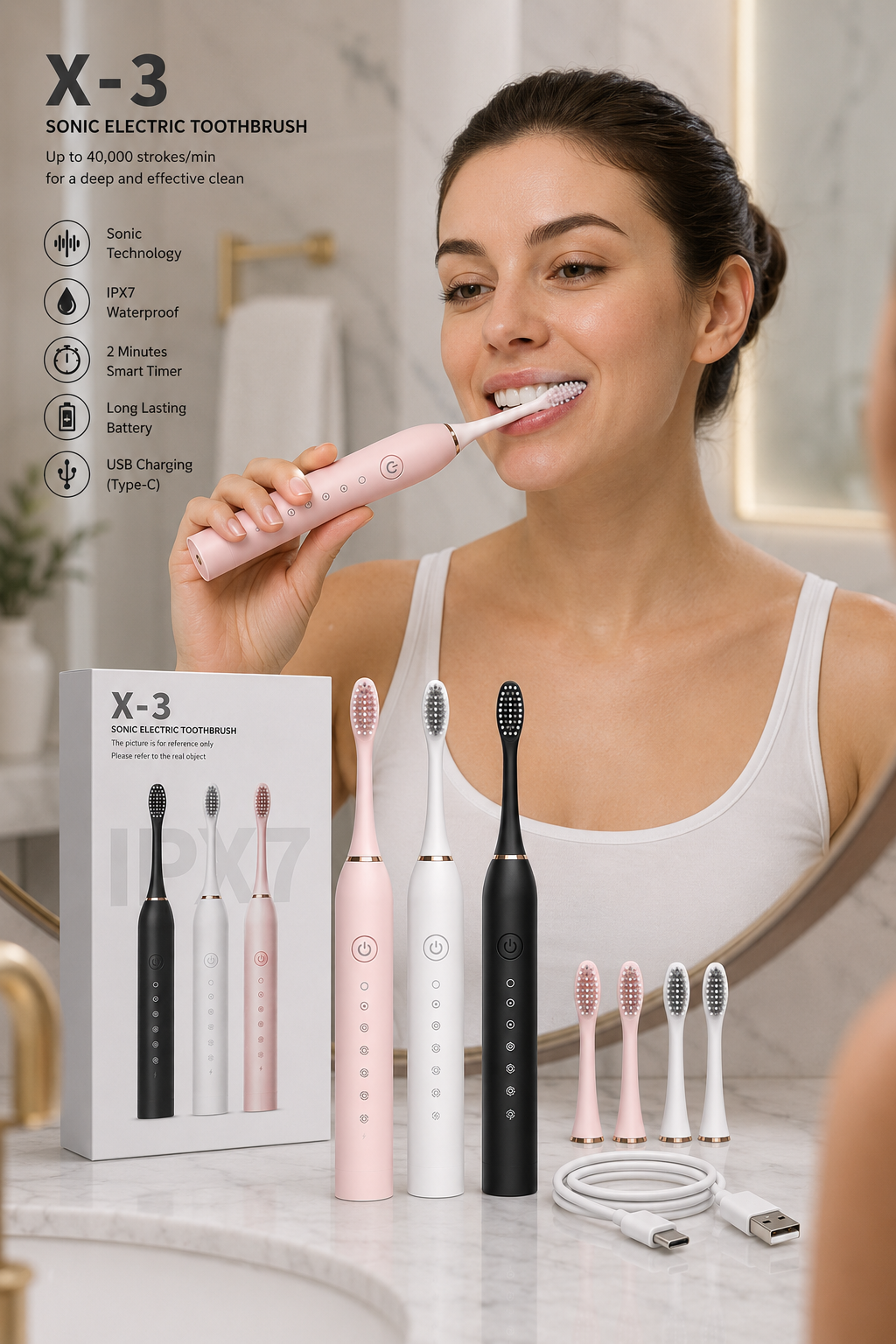 IPX7 Sonic Electric Toothbrush X-3 – Rechargeable Smart Toothbrush