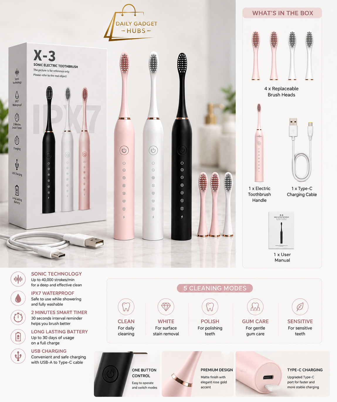 IPX7 Sonic Electric Toothbrush X-3 – Rechargeable Smart Toothbrush
