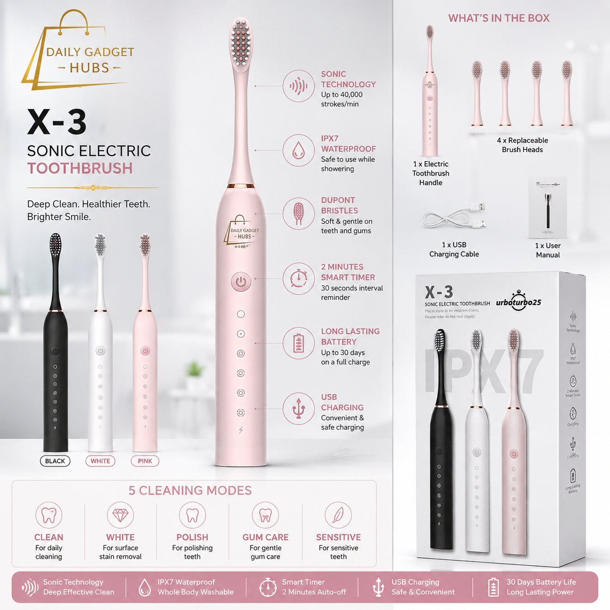 IPX7 Sonic Electric Toothbrush X-3 – Rechargeable Smart Toothbrush