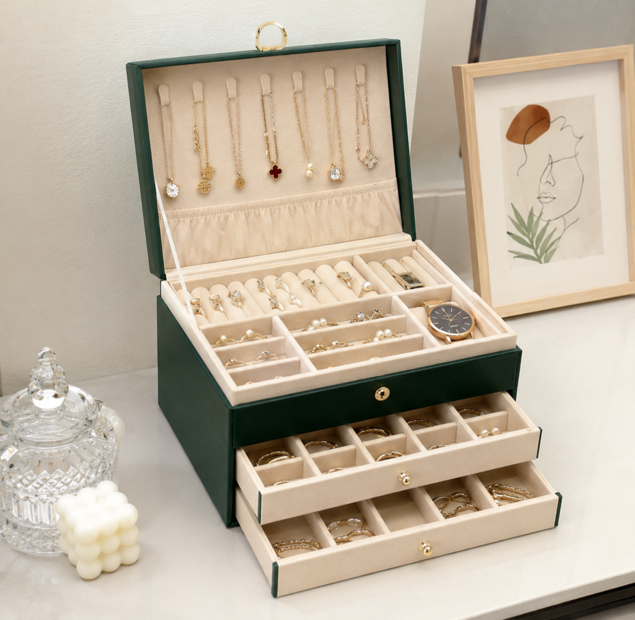 Luxury Jewellery Organizer Box with Lock – 3 Layer Storage Case for Rings, Earrings, Necklaces & Watches