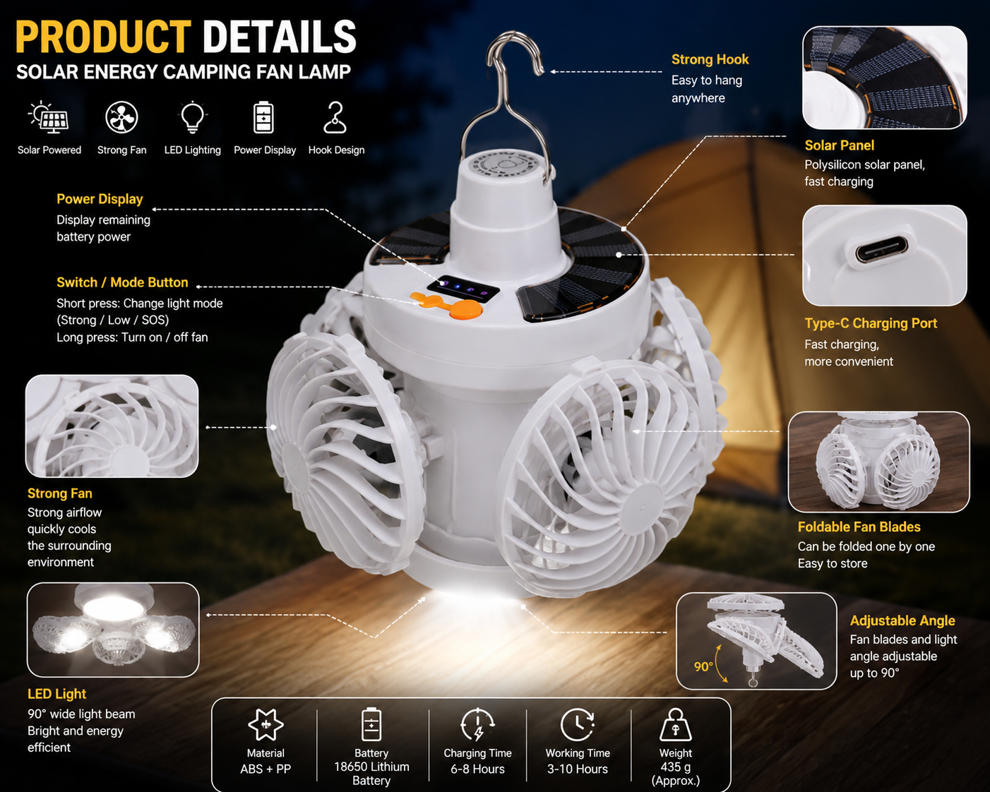 Solar Rechargeable Camping Fan And Light
