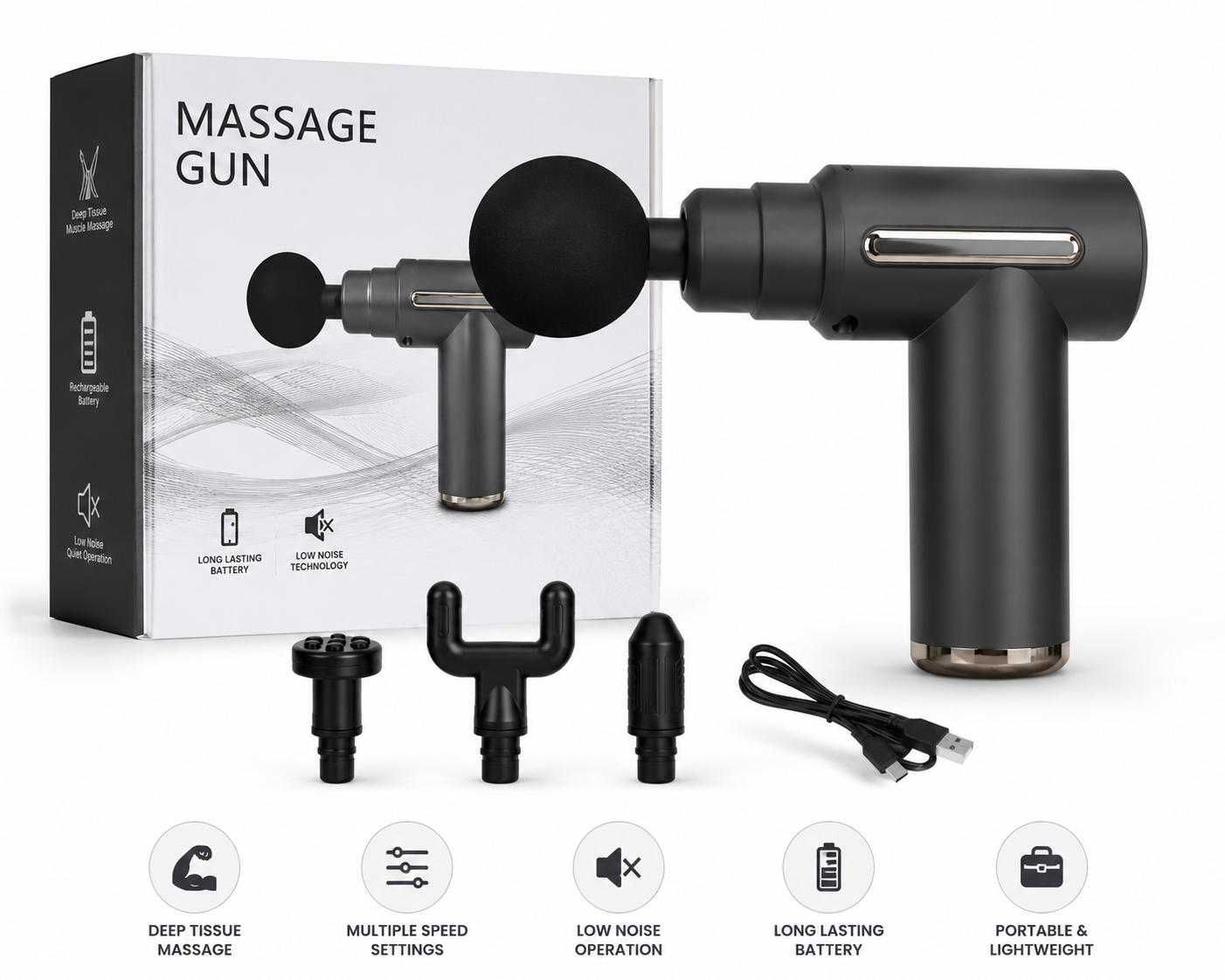 Massage Gun for Muscle Recovery – Deep Tissue Portable Electric Body Massager with 4 Massage Heads & Rechargeable Battery