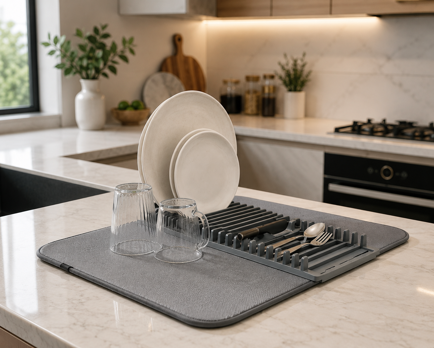 Kitchen Dish Drying Mat Rack – Water Absorbing Drain Pad for Plates, Cups & Cutlery | Fast Drying Non-Slip Countertop Dish Drainer Organizer for Kitchen Sink