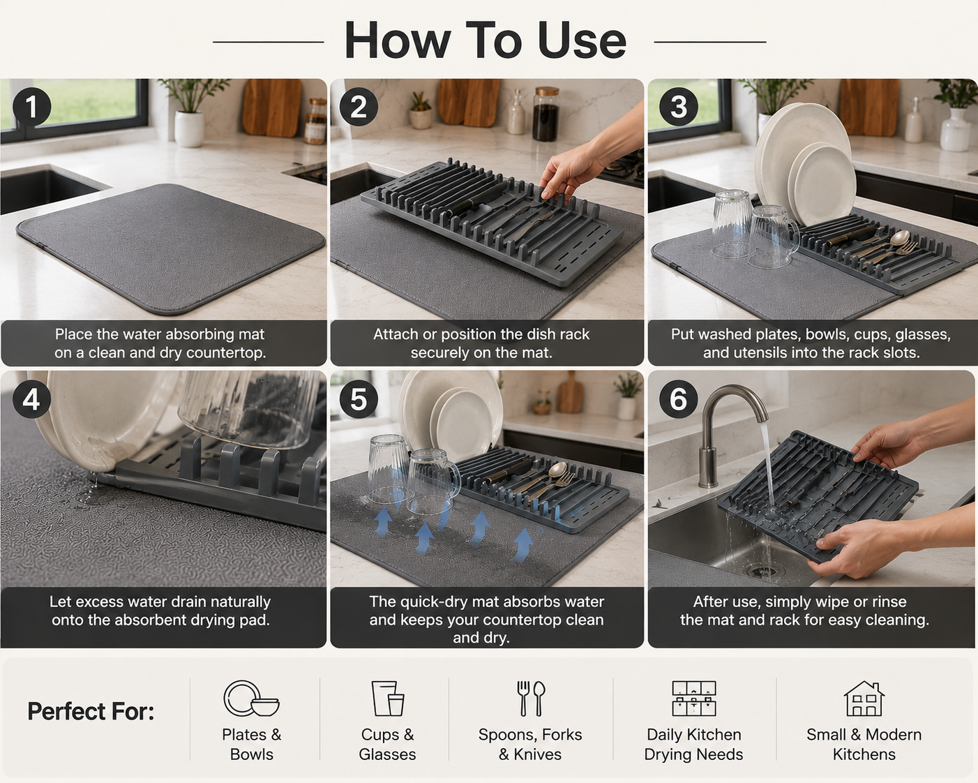 Kitchen Dish Drying Mat Rack – Water Absorbing Drain Pad for Plates, Cups & Cutlery | Fast Drying Non-Slip Countertop Dish Drainer Organizer for Kitchen Sink