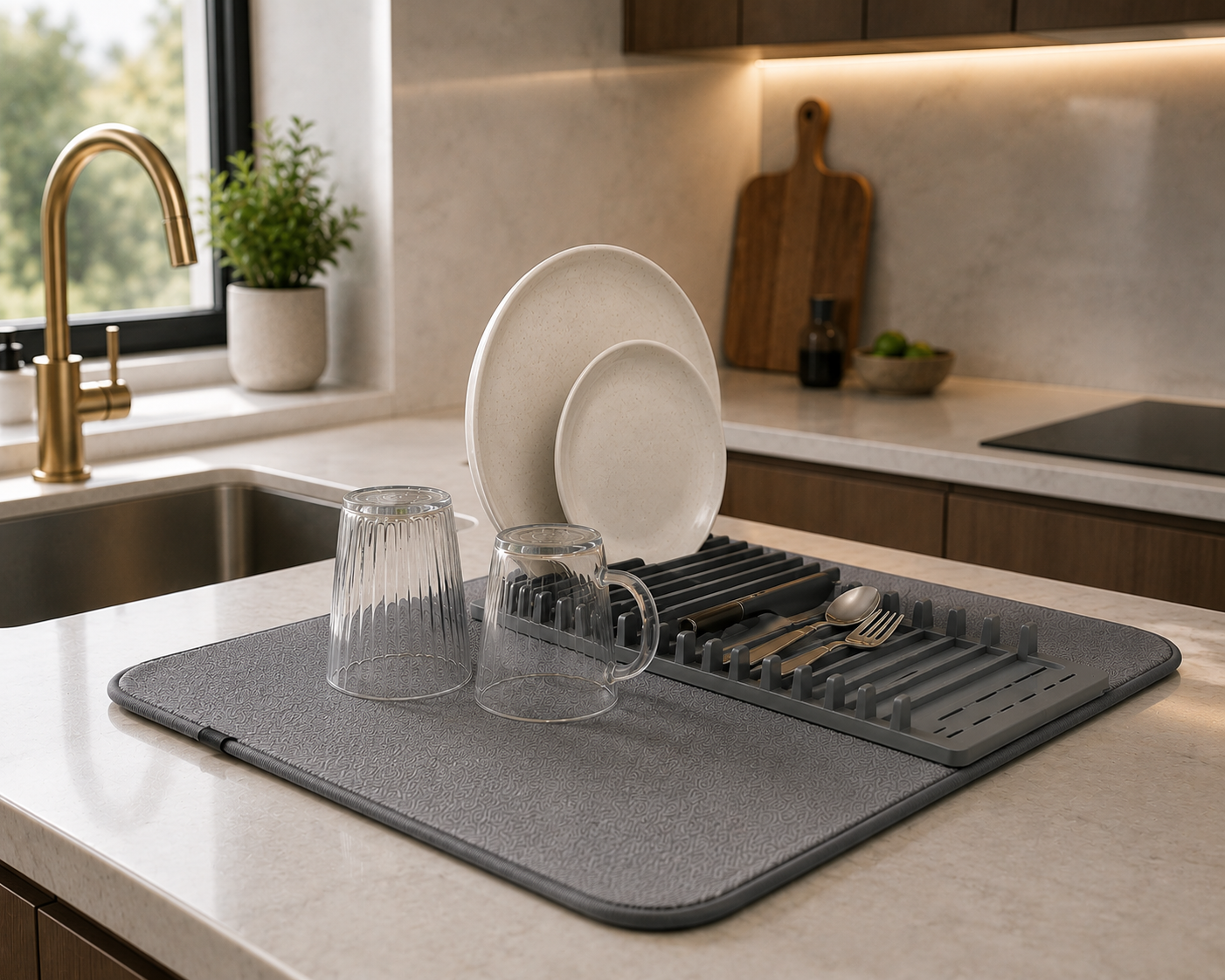 Kitchen Dish Drying Mat Rack – Water Absorbing Drain Pad for Plates, Cups & Cutlery | Fast Drying Non-Slip Countertop Dish Drainer Organizer for Kitchen Sink