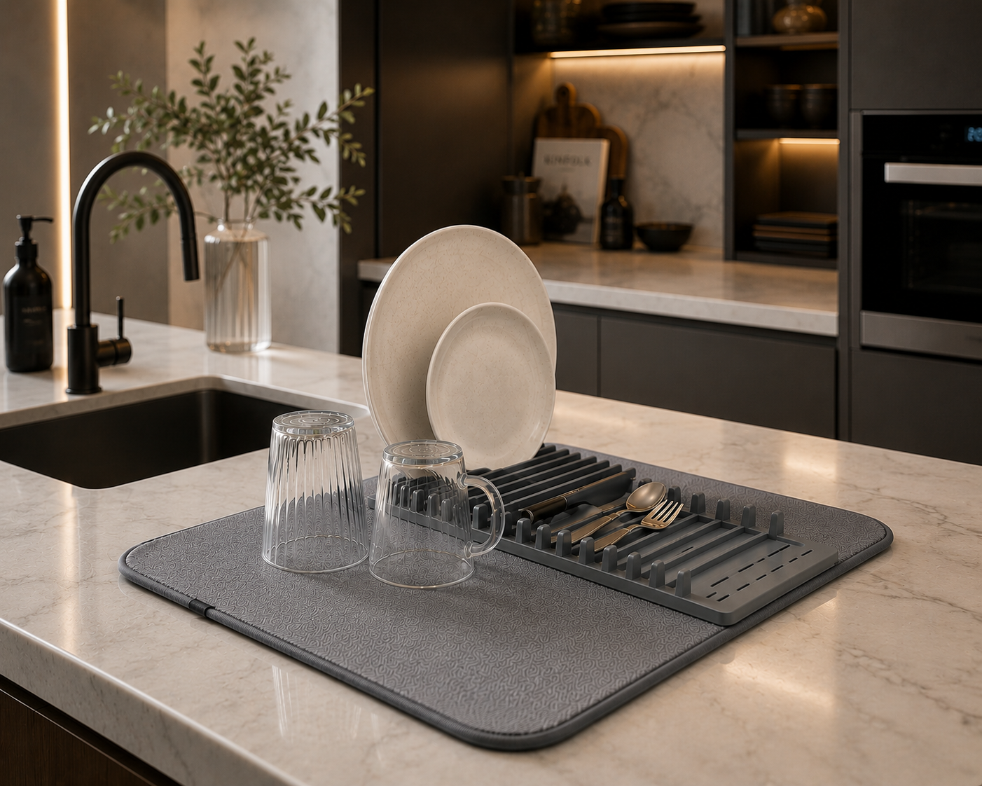 Kitchen Dish Drying Mat Rack – Water Absorbing Drain Pad for Plates, Cups & Cutlery | Fast Drying Non-Slip Countertop Dish Drainer Organizer for Kitchen Sink