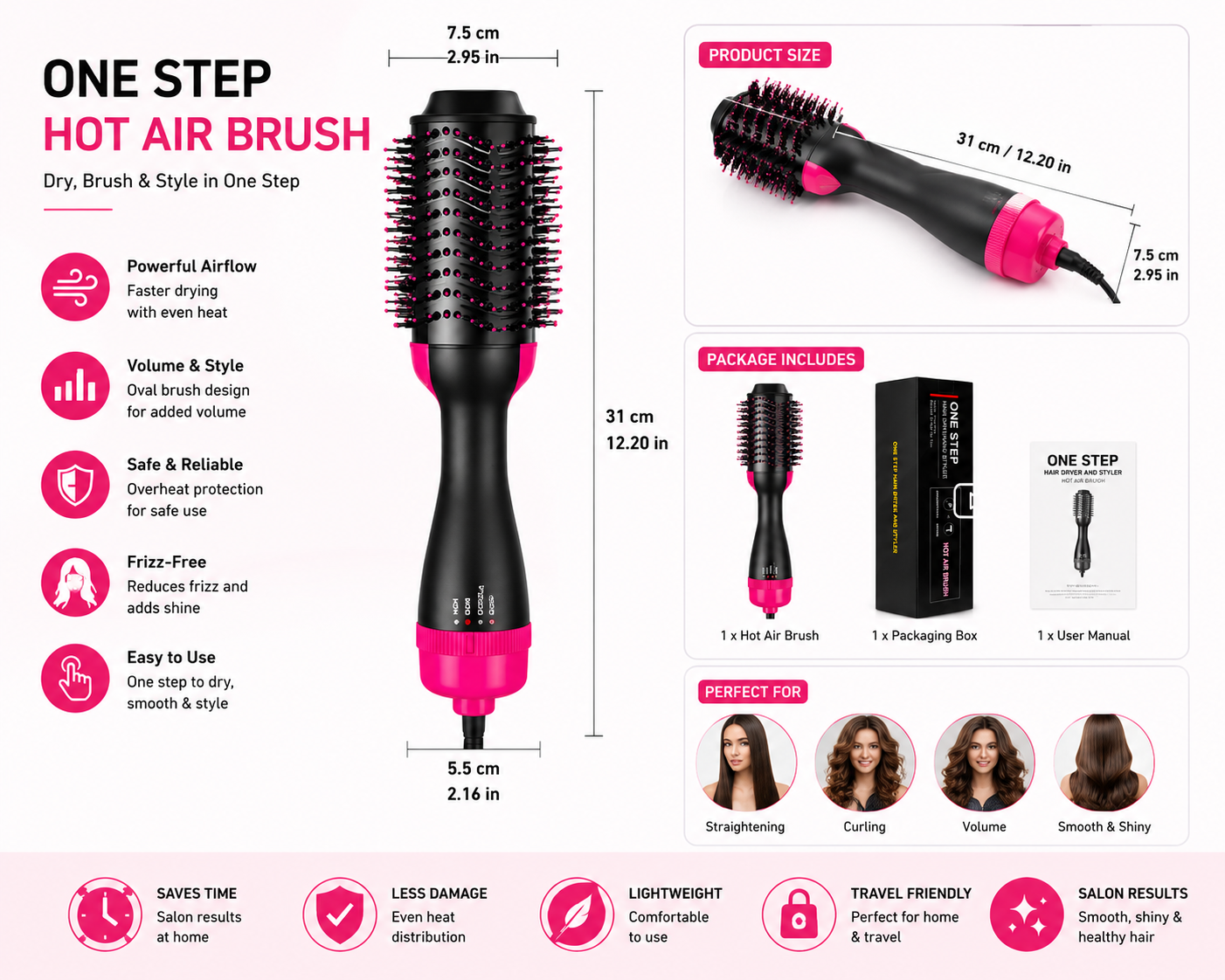 One Step Hot Air Brush – 2 In 1 Hair Dryer & Styler Brush
