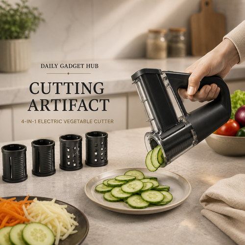 4-in-1 Electric Vegetable Cutter & Slicer – Portable Handheld Rotary Food Chopper with Interchangeable Blades | Easy Clean Kitchen Cutting Artifact
