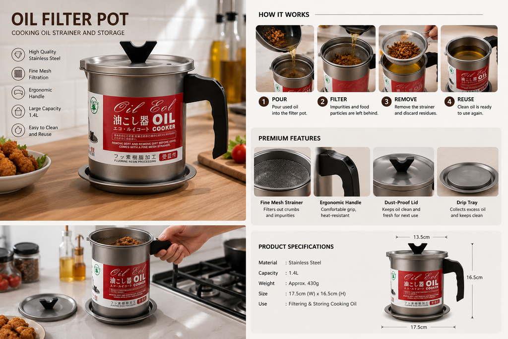 Stainless Steel Oil Filter Pot – Kitchen Oil Strainer Container with Fine Mesh Filter
