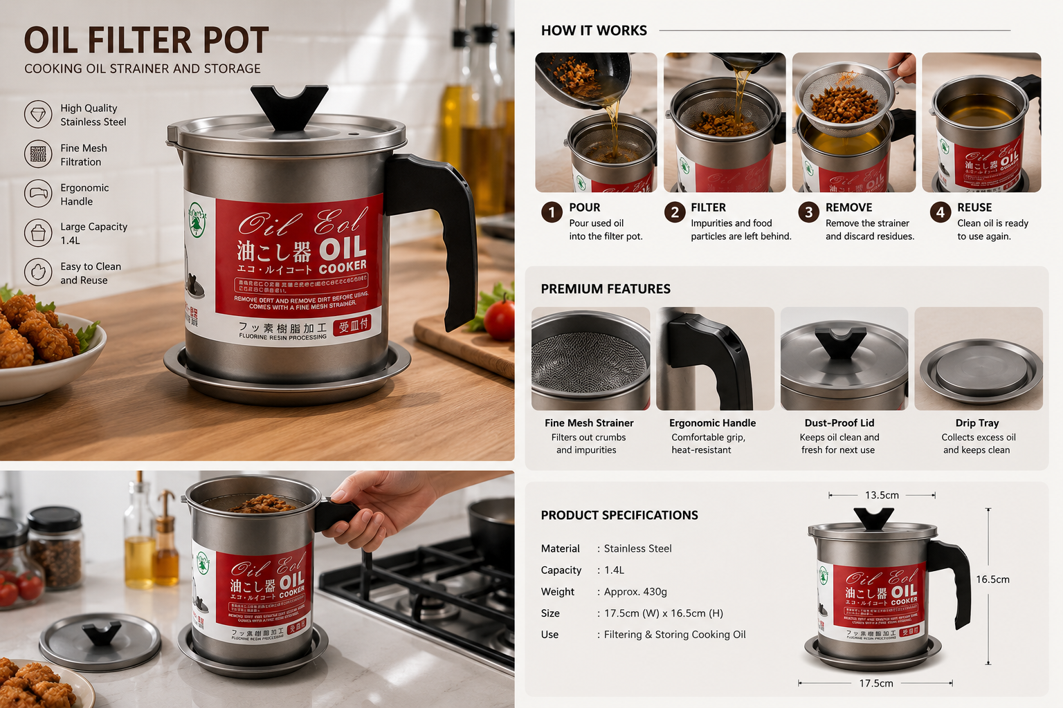 Stainless Steel Oil Filter Pot – Kitchen Oil Strainer Container with Fine Mesh Filter