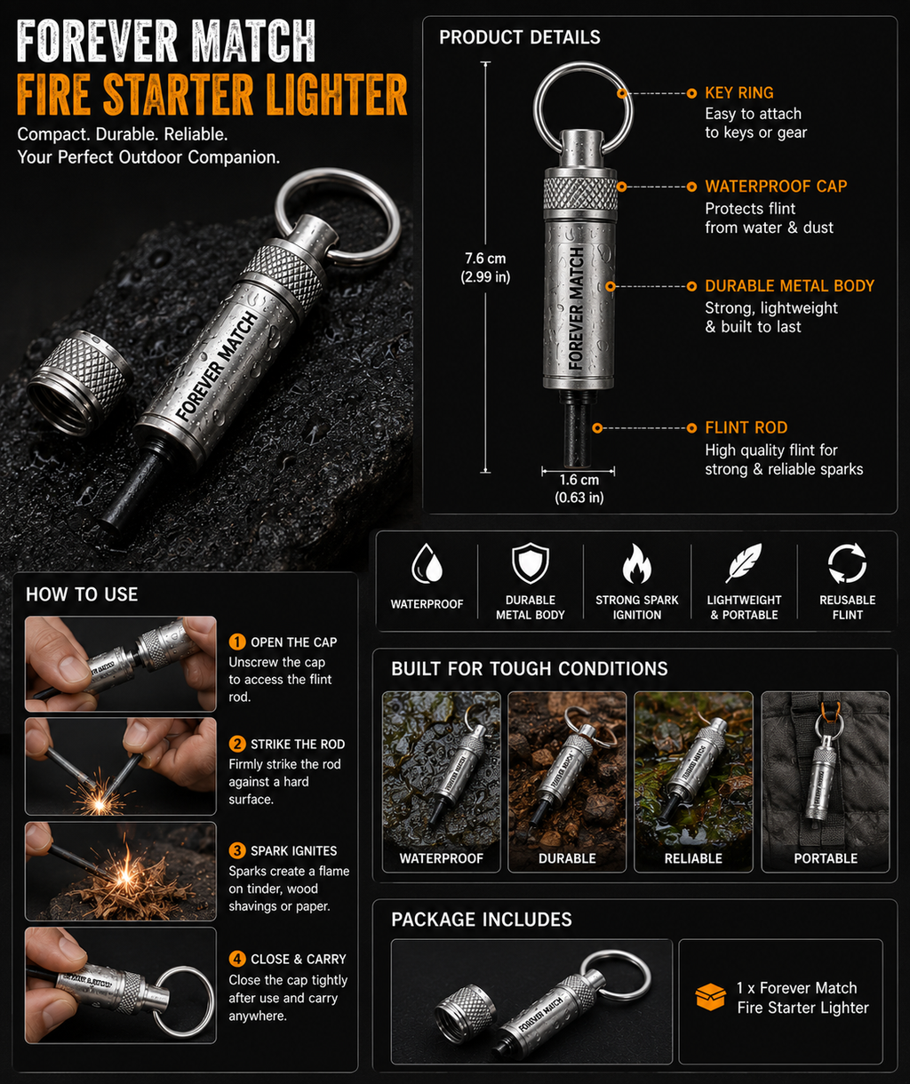 Forever Match Fire Starter Lighter – Waterproof Flint Metal Keychain Lighter for Camping, Hiking, Survival & Emergency Outdoor Use