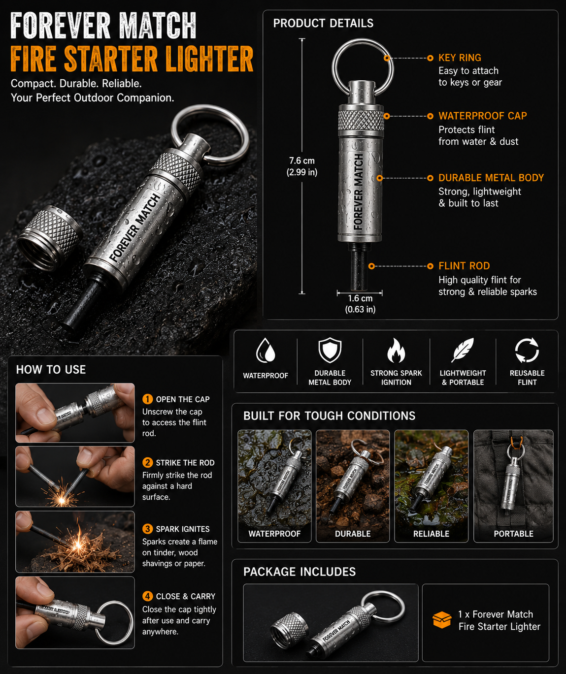 Forever Match Fire Starter Lighter – Waterproof Flint Metal Keychain Lighter for Camping, Hiking, Survival & Emergency Outdoor Use