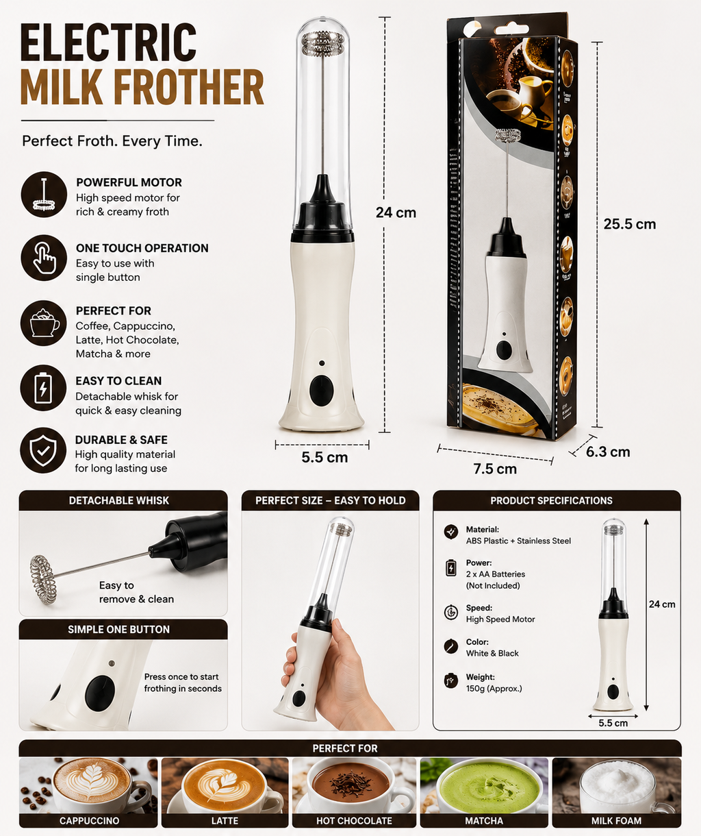 Electric Coffee Foam Maker & Milk Frother Handheld USB Rechargeable Mini Whisk for Cappuccino, Latte, Hot Chocolate & Matcha