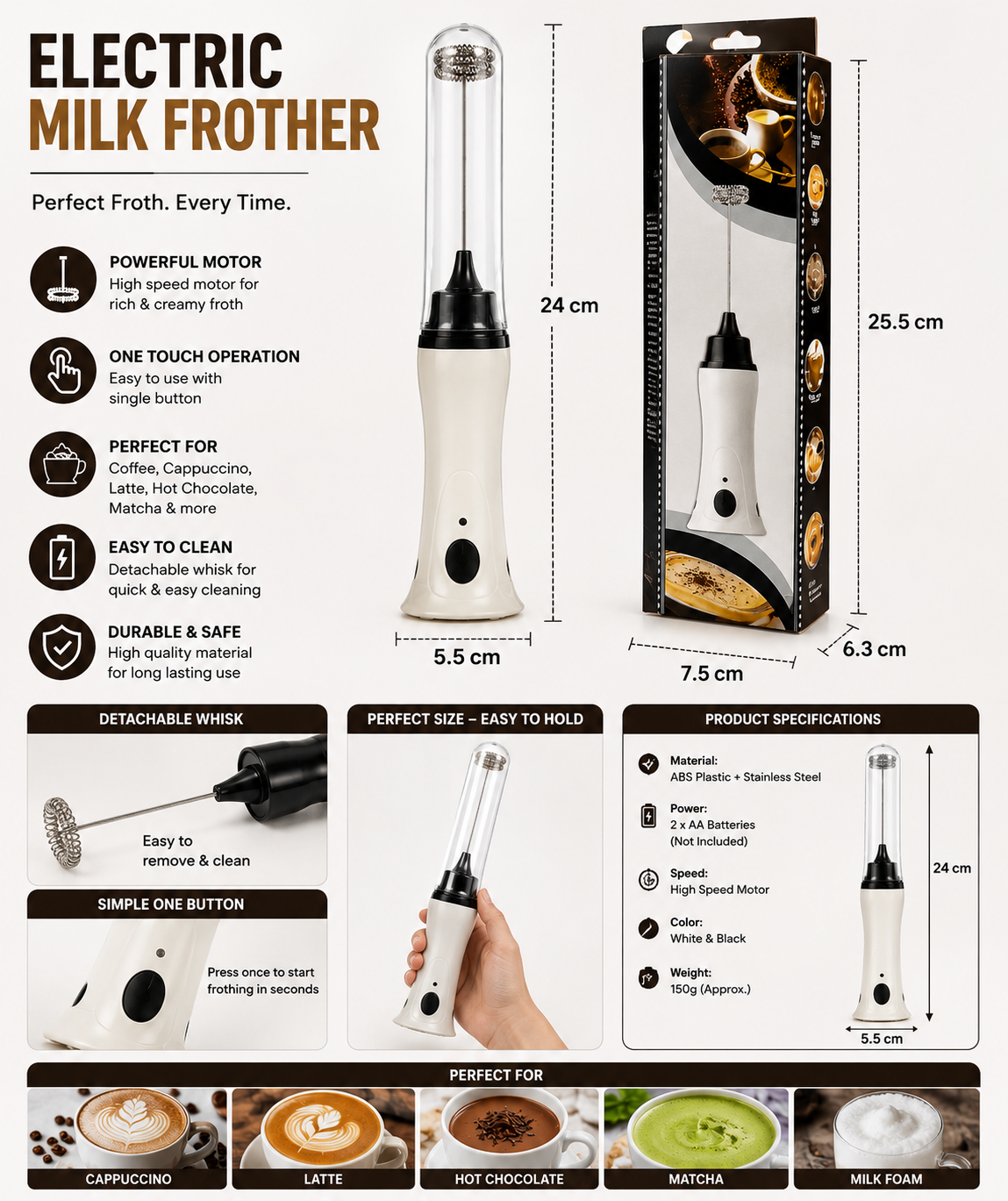 Electric Coffee Foam Maker & Milk Frother Handheld USB Rechargeable Mini Whisk for Cappuccino, Latte, Hot Chocolate & Matcha