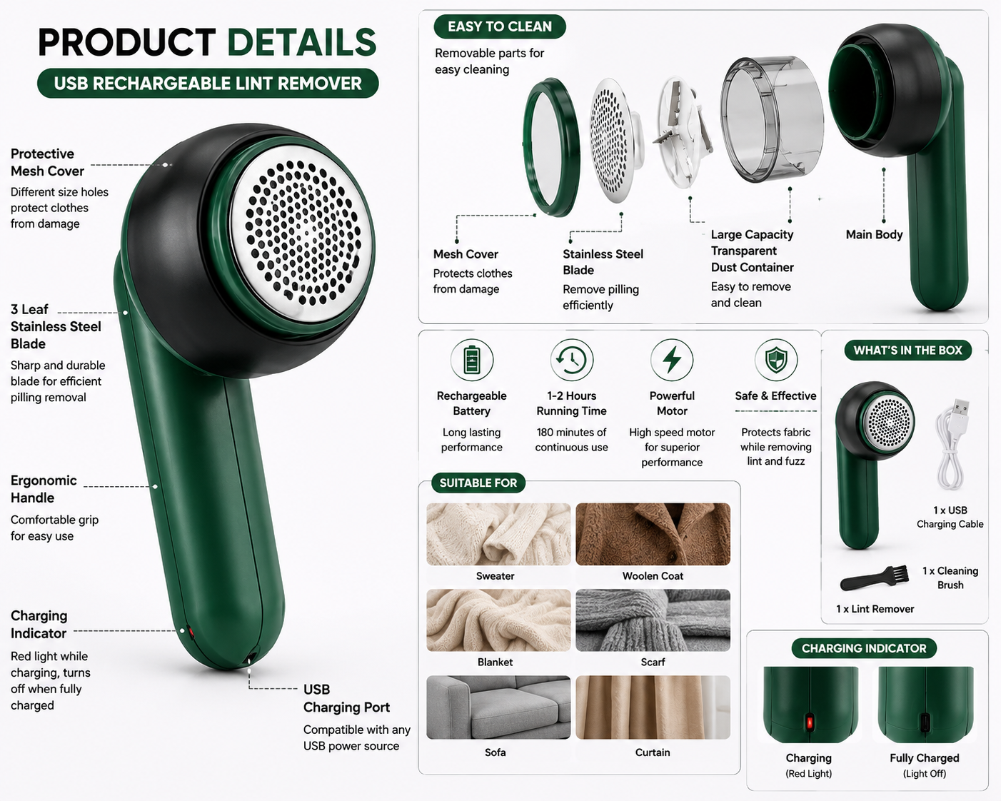 Fabric Lint Remover USB Rechargeable Portable Clothes Fuzz & Bobble Remover for Sweaters, Wool & Furniture