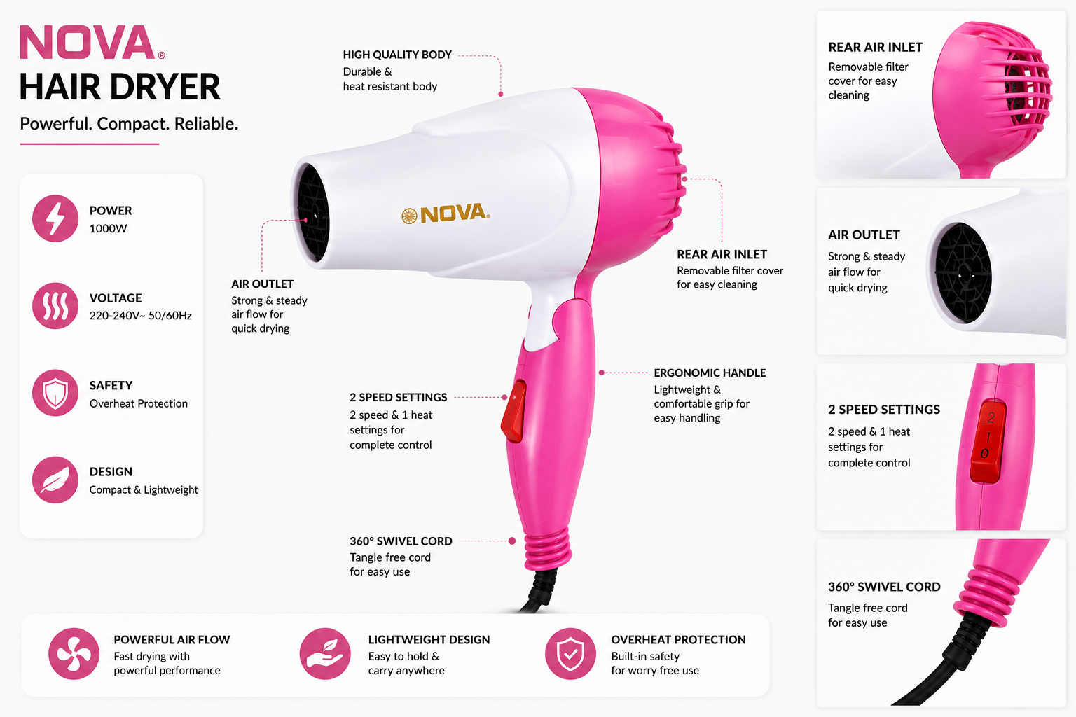 NOVA Foldable Hair Dryer 1000W – Portable Hot & Cold Hair Blower for Home & Travel