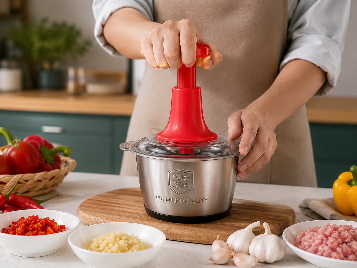 2.0L Manual Push Chopper – Stainless Steel Meat & Vegetable Chopper with 5 Sharp Blades