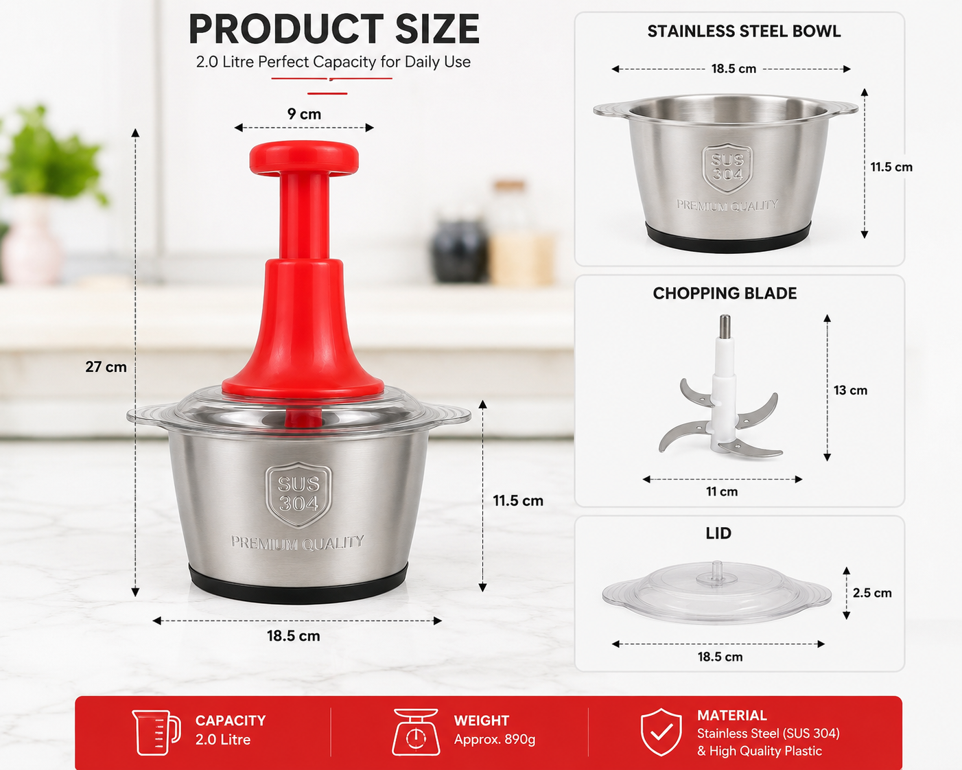 2.0L Manual Push Chopper – Stainless Steel Meat & Vegetable Chopper with 5 Sharp Blades