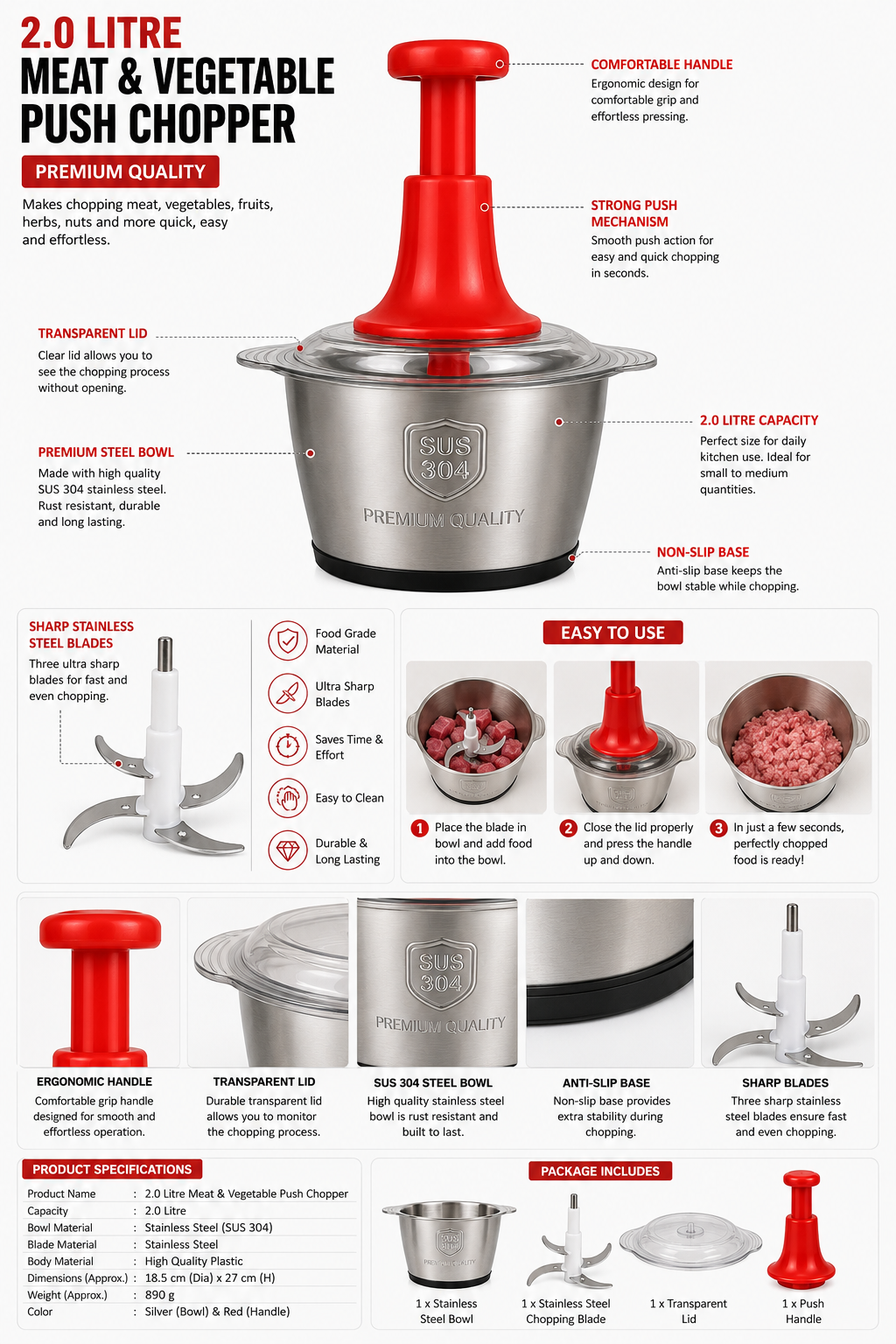 2.0L Manual Push Chopper – Stainless Steel Meat & Vegetable Chopper with 5 Sharp Blades