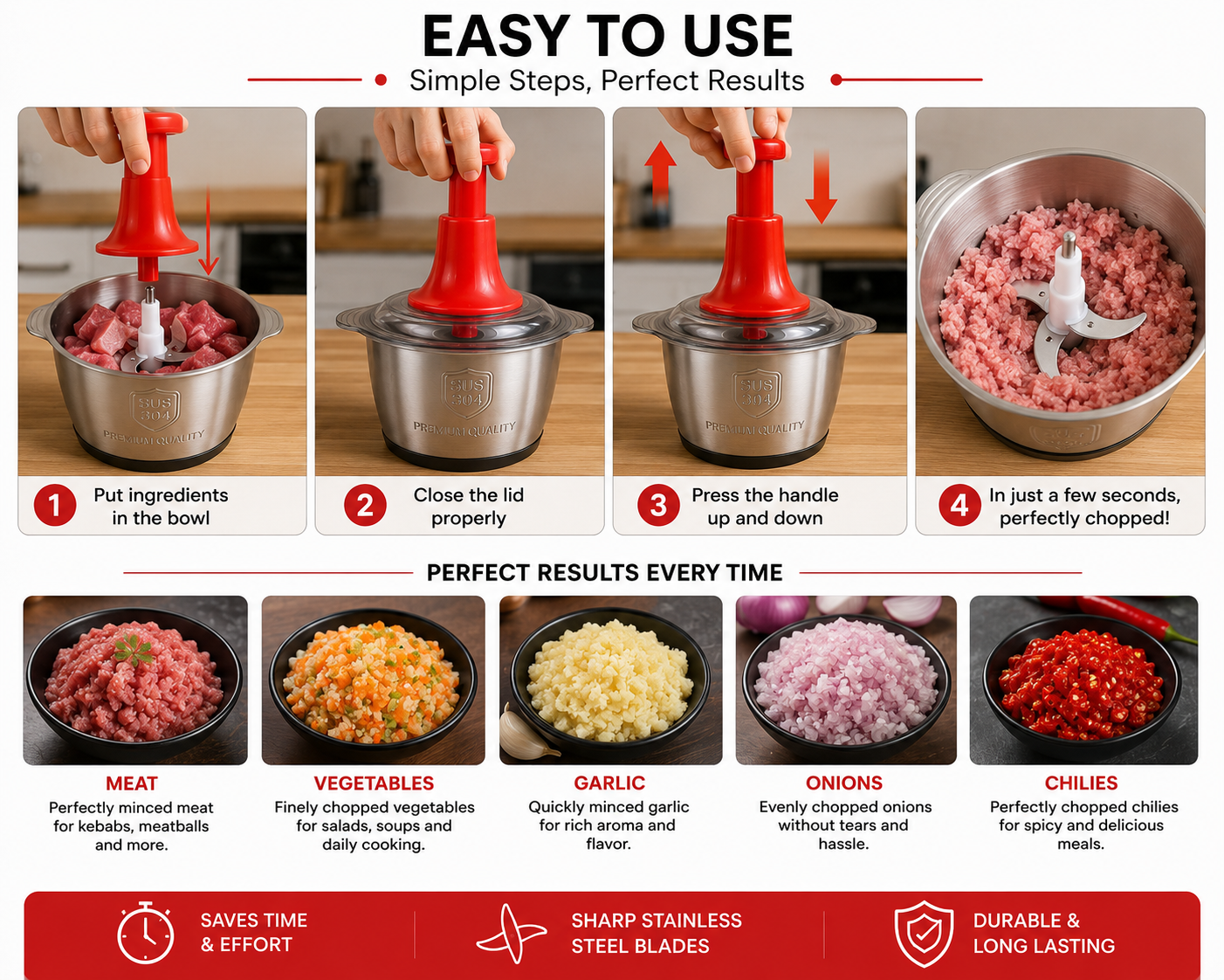 2.0L Manual Push Chopper – Stainless Steel Meat & Vegetable Chopper with 5 Sharp Blades