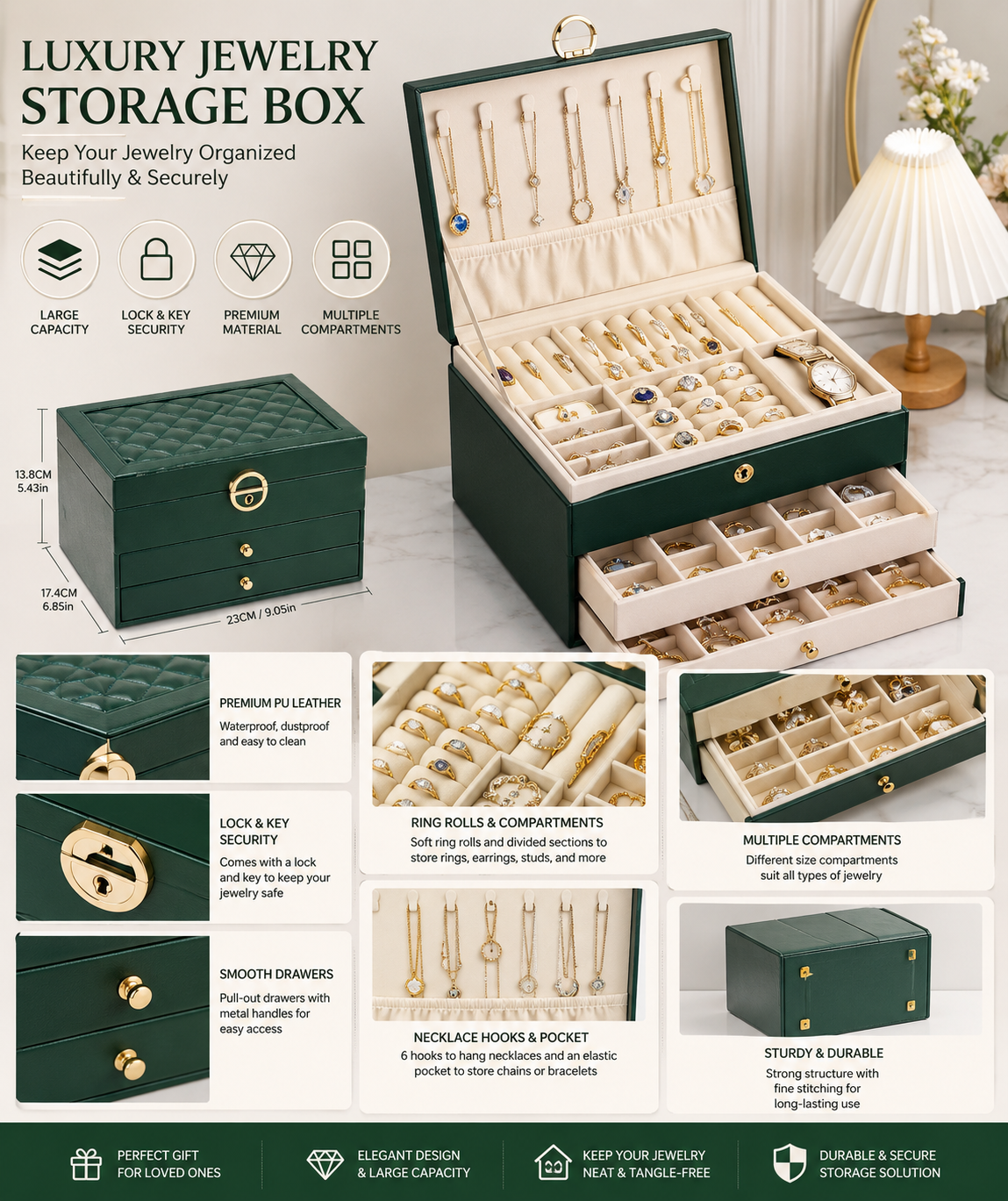 Luxury Jewellery Organizer Box with Lock – 3 Layer Storage Case for Rings, Earrings, Necklaces & Watches
