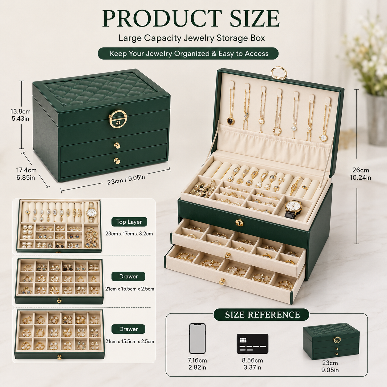 Luxury Jewellery Organizer Box with Lock – 3 Layer Storage Case for Rings, Earrings, Necklaces & Watches