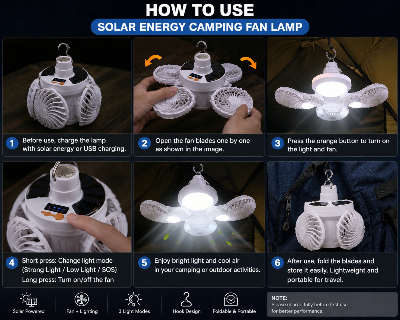 Solar Rechargeable Camping Fan And Light