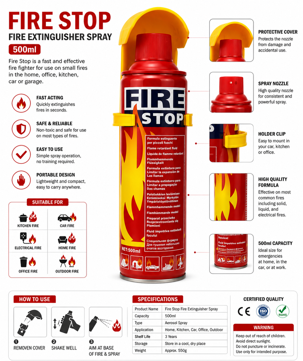 Fire Stop 500ml Portable Fire Extinguisher Spray for Home, Kitchen, Car & Office