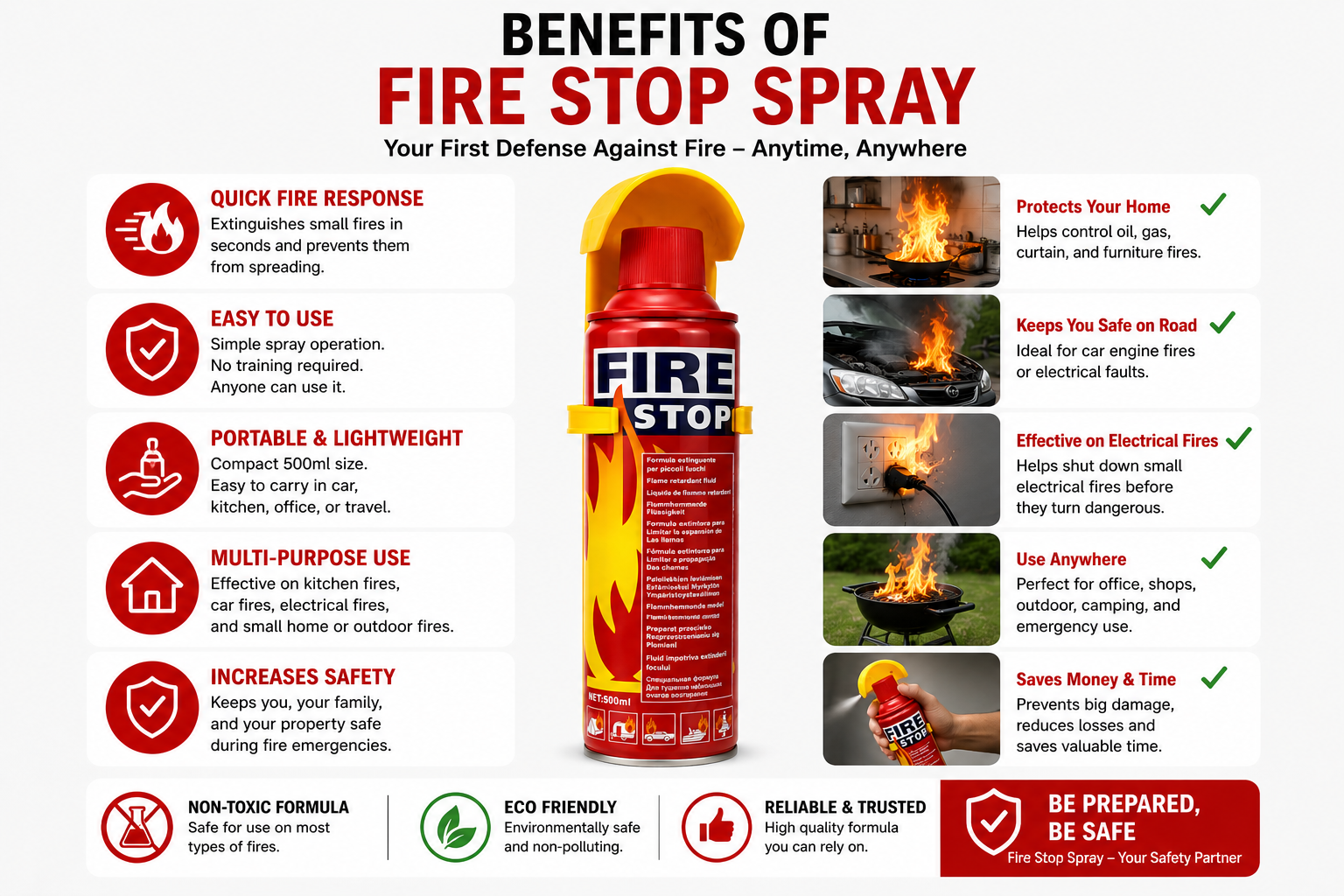 Fire Stop 500ml Portable Fire Extinguisher Spray for Home, Kitchen, Car & Office