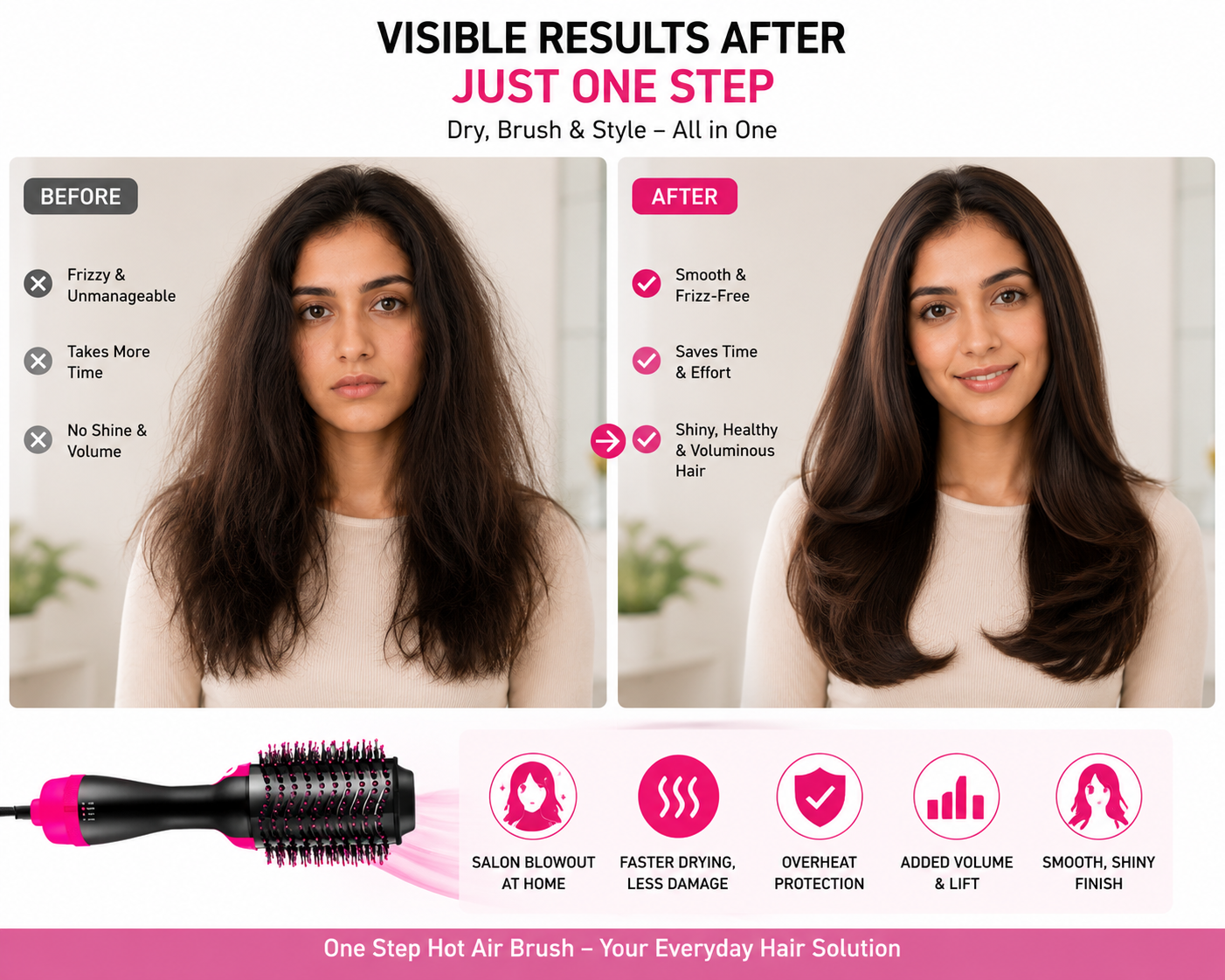 One Step Hot Air Brush – 2 In 1 Hair Dryer & Styler Brush