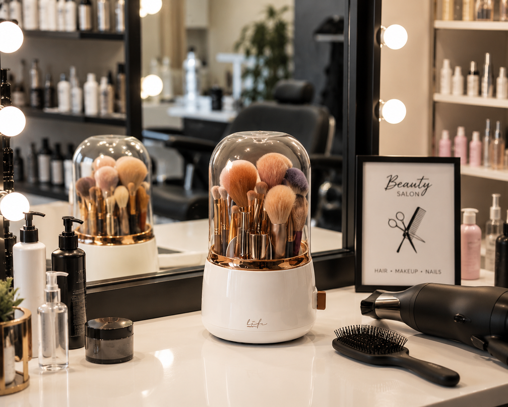 Makeup Brush 360° Rotating Organizer with Dustproof Cover – Premium Cosmetic Storage Holder