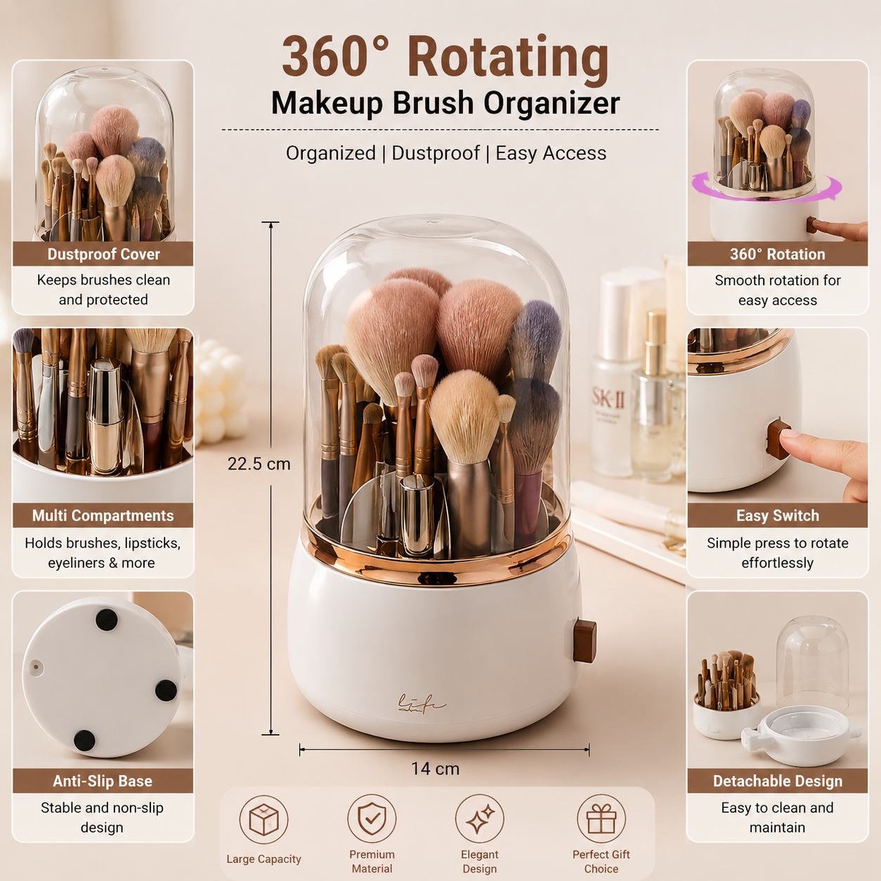Makeup Brush 360° Rotating Organizer with Dustproof Cover – Premium Cosmetic Storage Holder