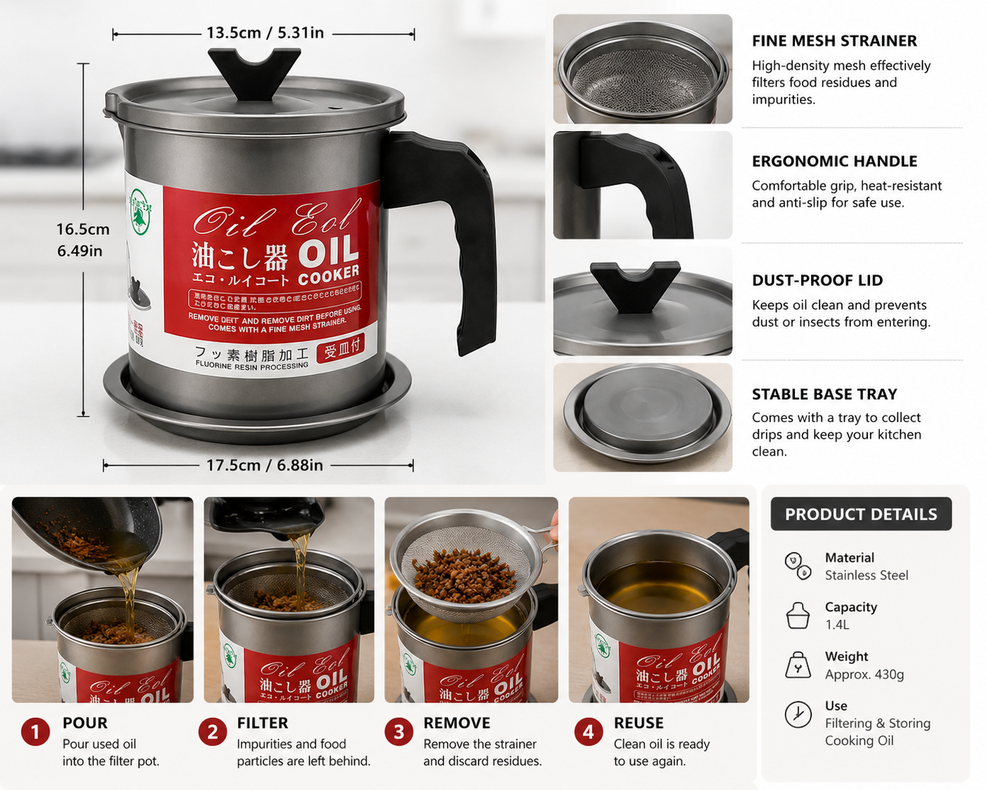 Stainless Steel Oil Filter Pot – Kitchen Oil Strainer Container with Fine Mesh Filter