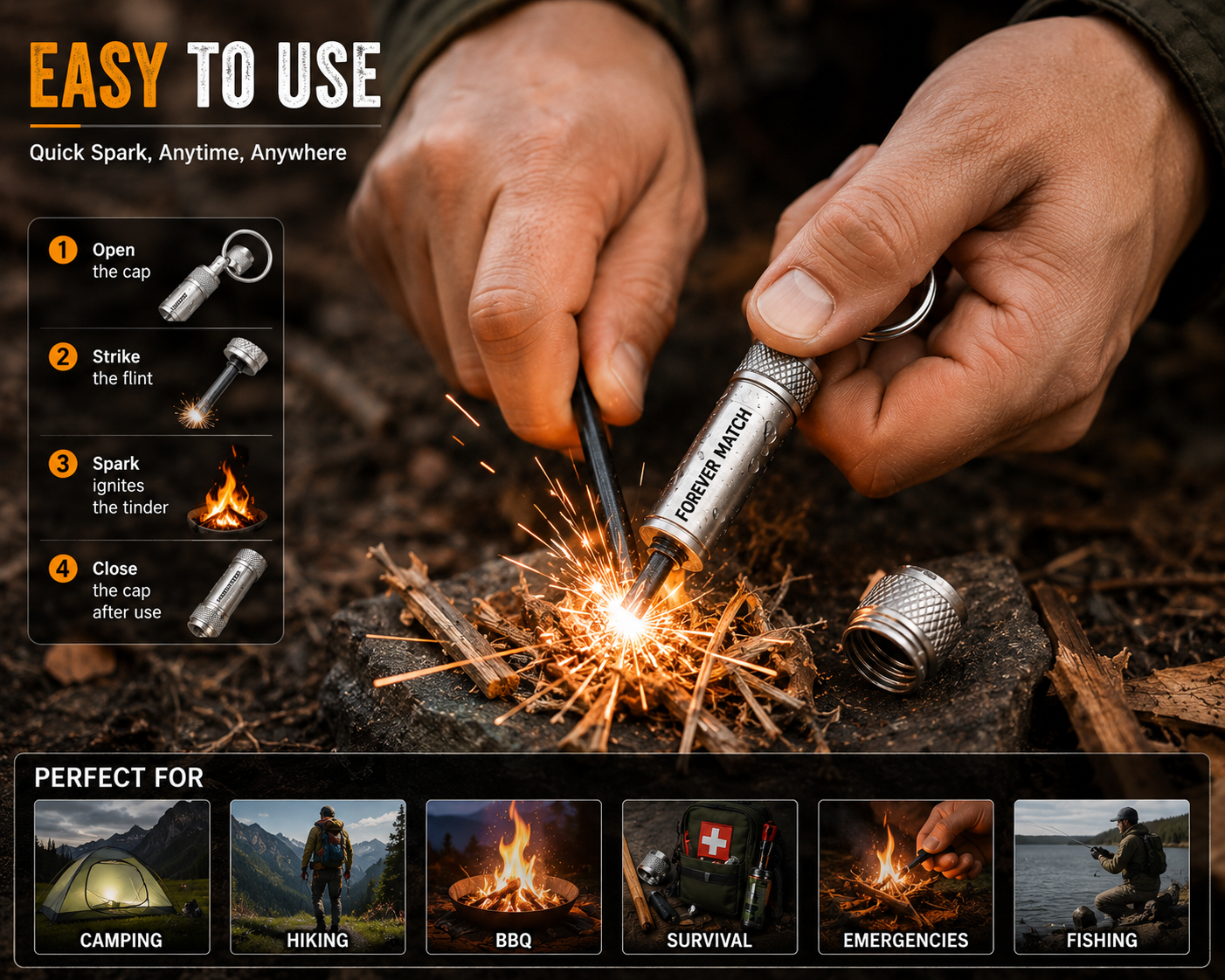 Forever Match Fire Starter Lighter – Waterproof Flint Metal Keychain Lighter for Camping, Hiking, Survival & Emergency Outdoor Use
