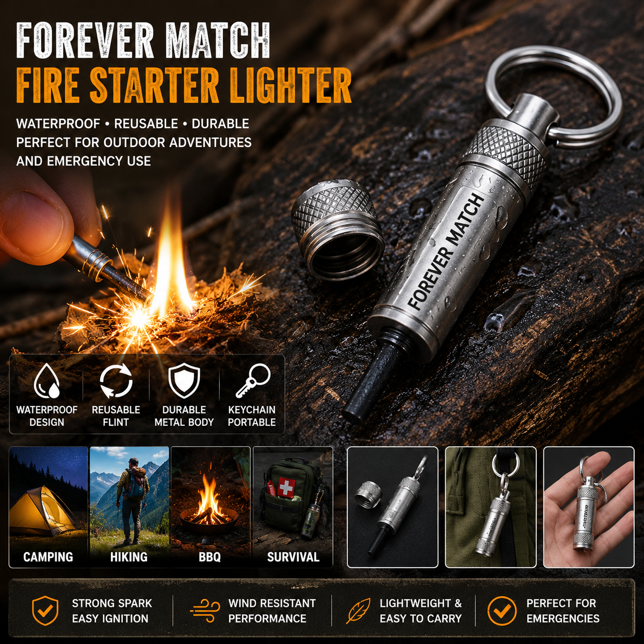 Forever Match Fire Starter Lighter – Waterproof Flint Metal Keychain Lighter for Camping, Hiking, Survival & Emergency Outdoor Use