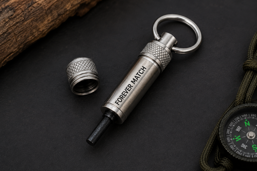 Forever Match Fire Starter Lighter – Waterproof Flint Metal Keychain Lighter for Camping, Hiking, Survival & Emergency Outdoor Use