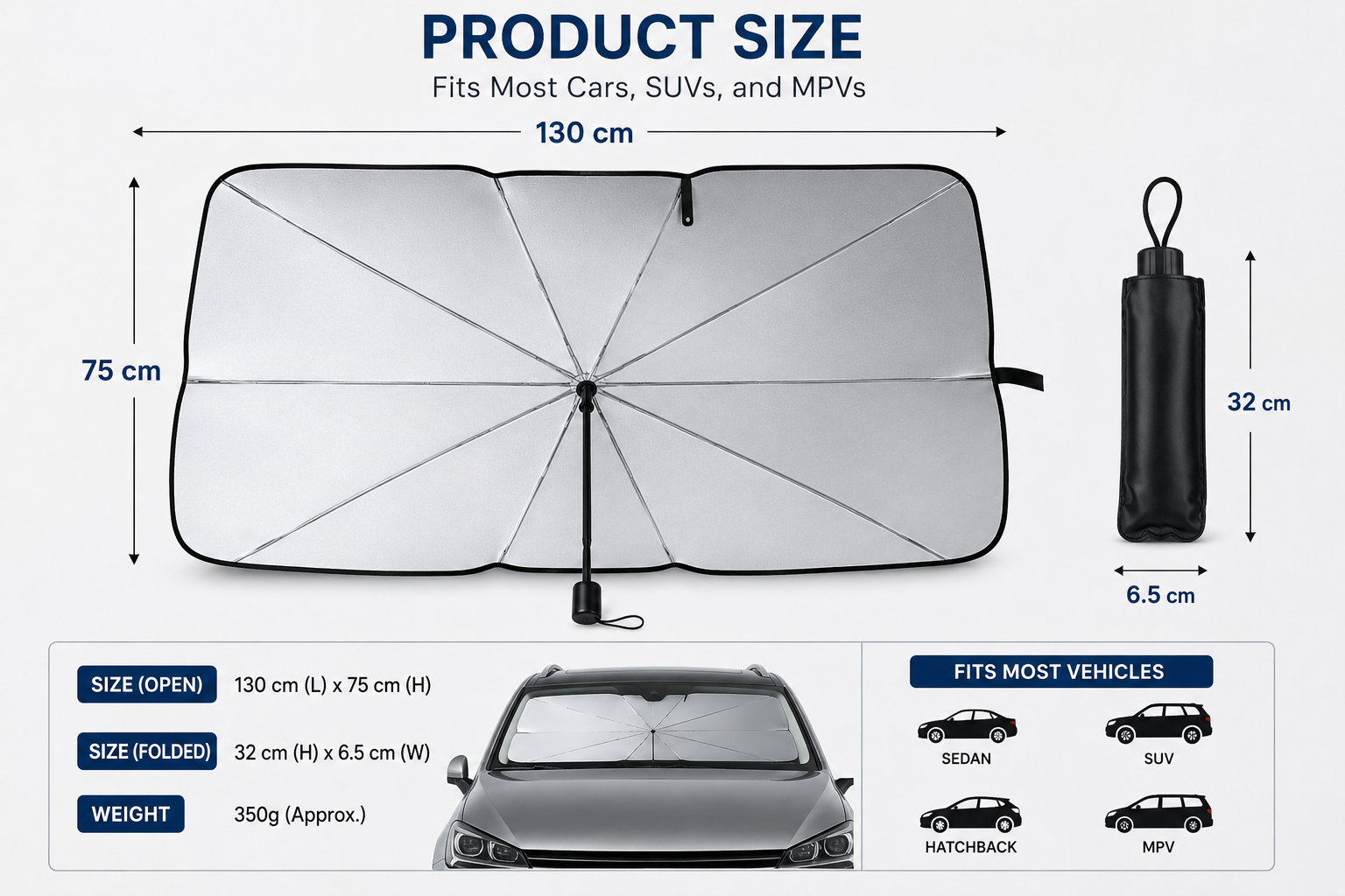 Car Windshield Sun Shade Umbrella – Foldable UV Protection Front Window Sunshade Cover for Cars, SUVs & MPVs