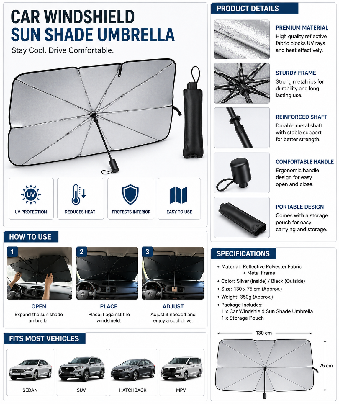 Car Windshield Sun Shade Umbrella – Foldable UV Protection Front Window Sunshade Cover for Cars, SUVs & MPVs