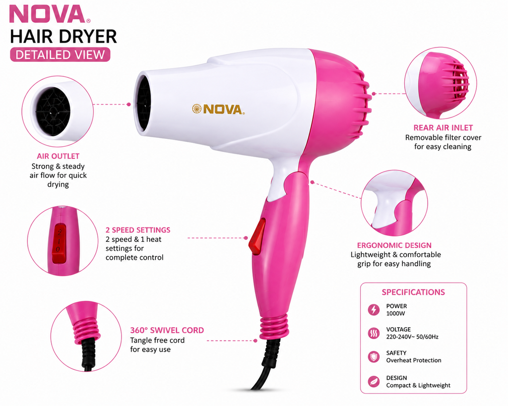 NOVA Foldable Hair Dryer 1000W – Portable Hot & Cold Hair Blower for Home & Travel