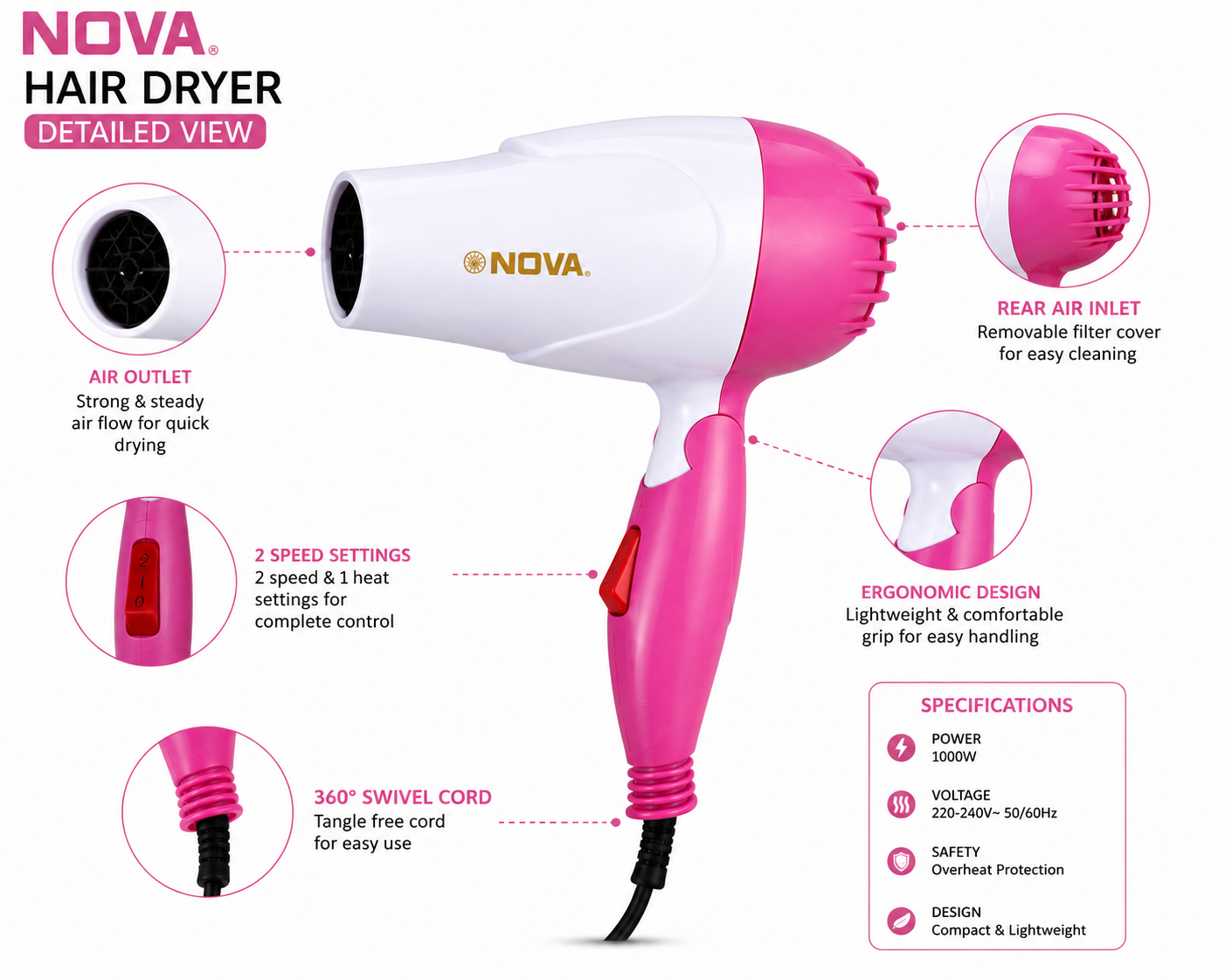 NOVA Foldable Hair Dryer 1000W – Portable Hot & Cold Hair Blower for Home & Travel