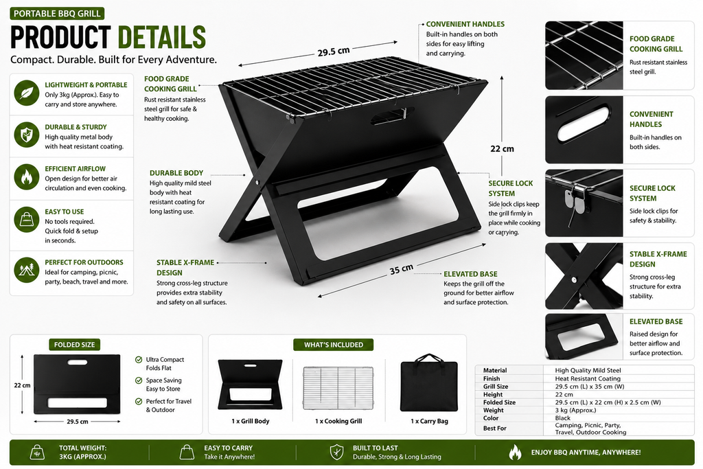Portable Foldable Charcoal BBQ Grill – Outdoor Barbecue Grill for Camping, Picnic & Garden Party