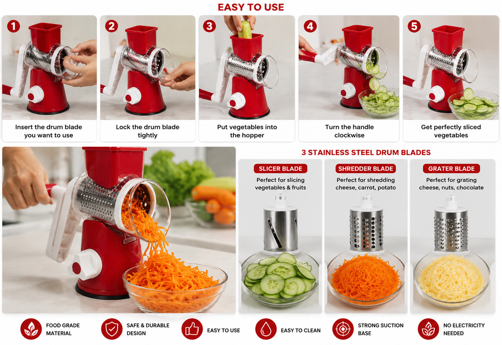 Tabletop Drum Grater – Manual Rotary Vegetable Cutter & Cheese Grater with 3 Stainless Steel Blades