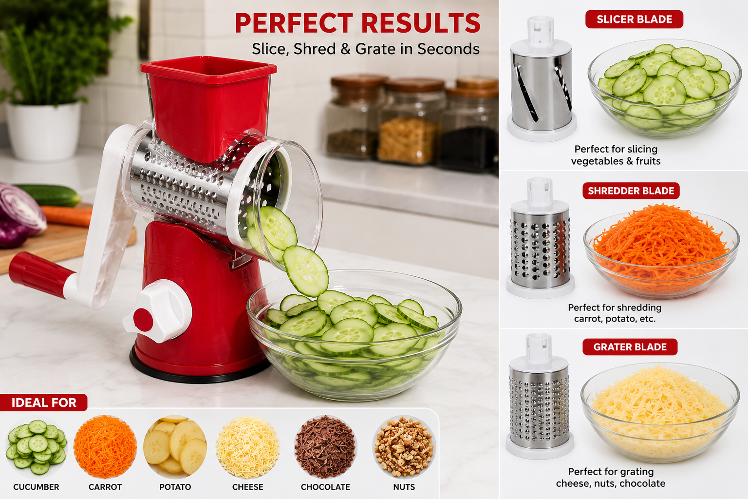 Tabletop Drum Grater – Manual Rotary Vegetable Cutter & Cheese Grater with 3 Stainless Steel Blades