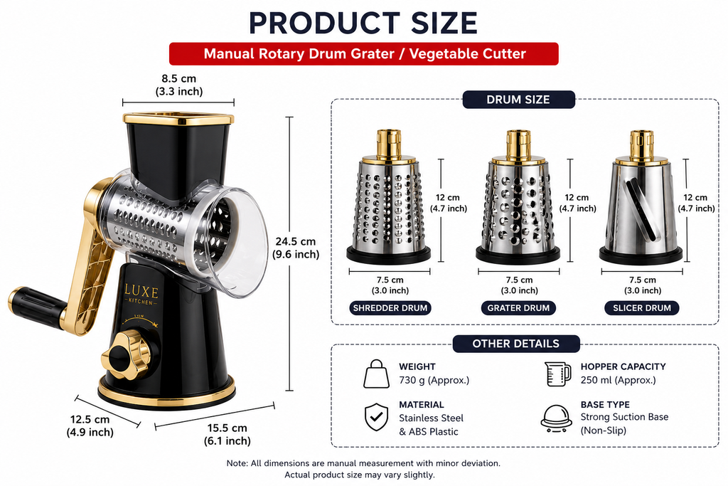 Tabletop Drum Grater – Manual Rotary Vegetable Cutter & Cheese Grater with 3 Stainless Steel Blades